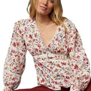 Anthropologie Romantic Floral V-Neck Puff Sleeve Lace Blouse Cottagecore Size 4